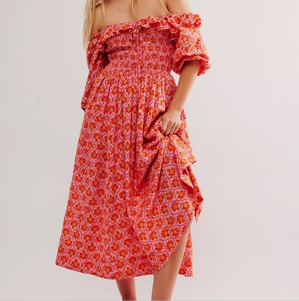 Free People Pink and Orange Floral Midi Dress